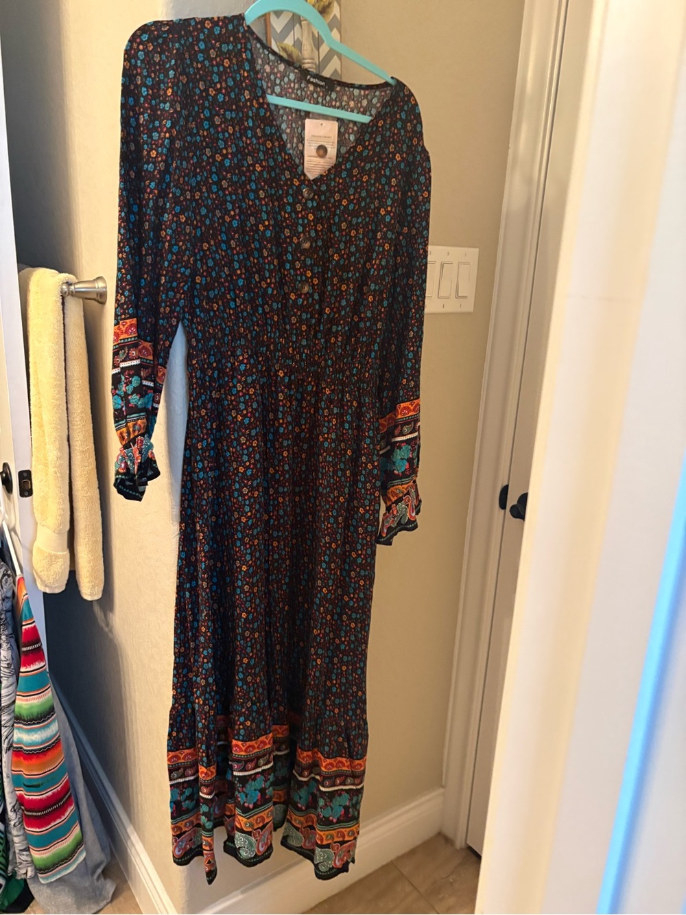 Floral Black Long-Sleeve Maxi Dress with Turquoise & Orange Border